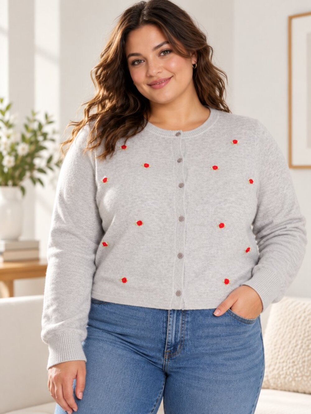 Wild Fable Gray Lightweight Cardigan with Red Ribbon Floral Rosettes XXL